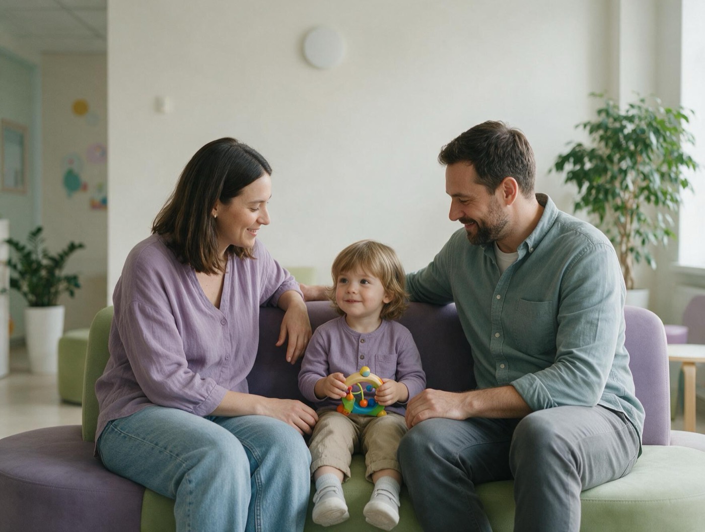 Família acolhida na recepção da clínica